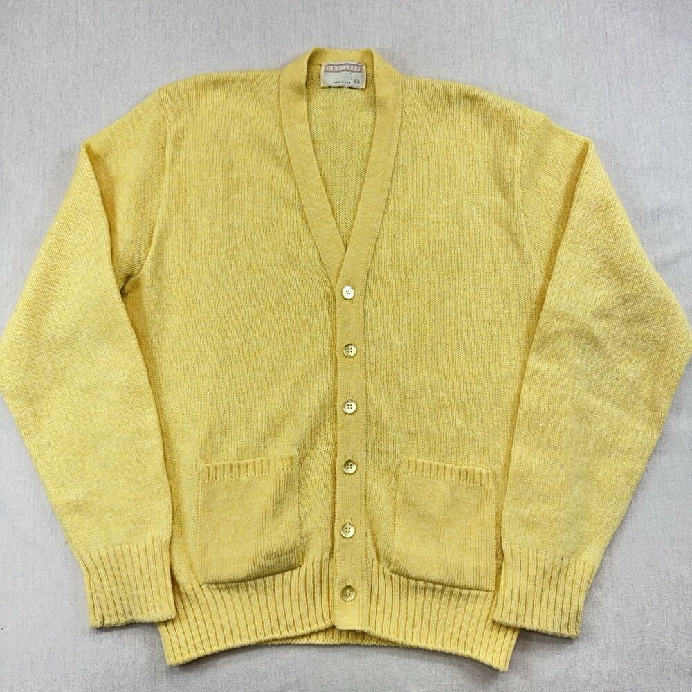 Vintage Lord Jeff Wool Cardigan Sweater XL Yellow Made USA Scotland Grandpa